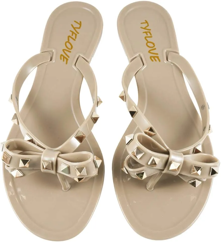 TYFLOVE Women Rivet Flip Flops Studded Jelly Thong Sandals with Bow Summer Bowtie Flat Beach Rain Shoes