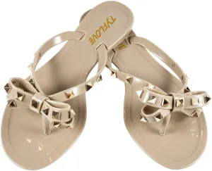 TYFLOVE Women Rivet Flip Flops Studded Jelly Thong Sandals with Bow Summer Bowtie Flat Beach Rain Shoes