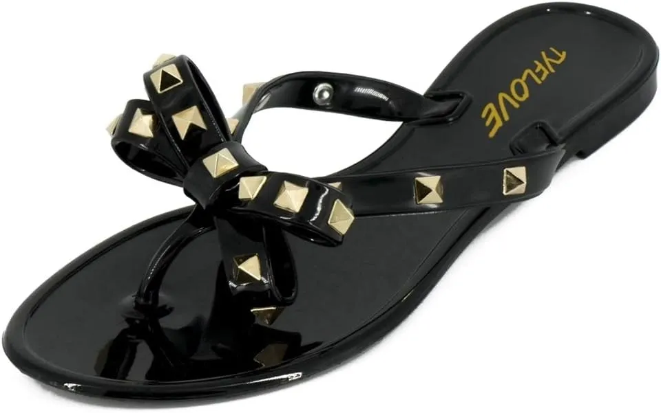 TYFLOVE Women Rivet Flip Flops Studded Jelly Thong Sandals with Bow Summer Bowtie Flat Beach Rain Shoes