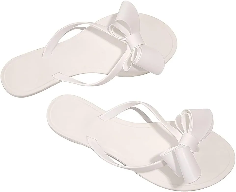 TYFLOVE Women Rivet Flip Flops Studded Jelly Thong Sandals with Bow Summer Bowtie Flat Beach Rain Shoes