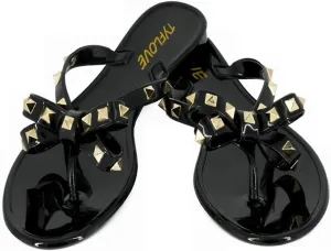 TYFLOVE Women Rivet Flip Flops Studded Jelly Thong Sandals with Bow Summer Bowtie Flat Beach Rain Shoes