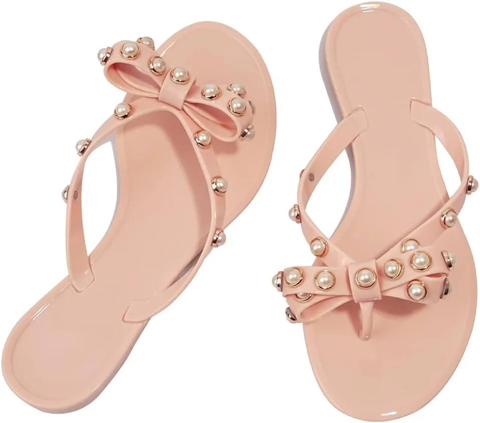 TYFLOVE Women Rivet Flip Flops Studded Jelly Thong Sandals with Bow Summer Bowtie Flat Beach Rain Shoes