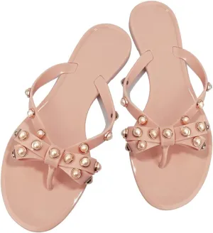 TYFLOVE Women Rivet Flip Flops Studded Jelly Thong Sandals with Bow Summer Bowtie Flat Beach Rain Shoes