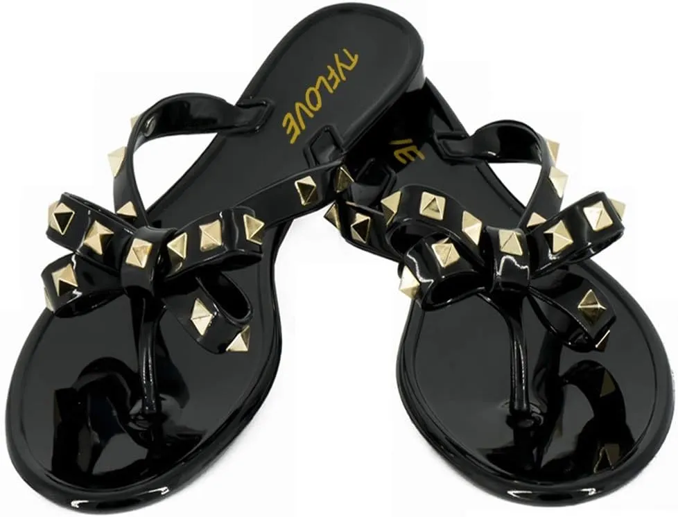 TYFLOVE Women Rivet Flip Flops Studded Jelly Thong Sandals with Bow Summer Bowtie Flat Beach Rain Shoes