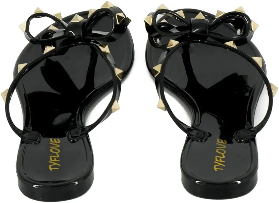 TYFLOVE Women Rivet Flip Flops Studded Jelly Thong Sandals with Bow Summer Bowtie Flat Beach Rain Shoes