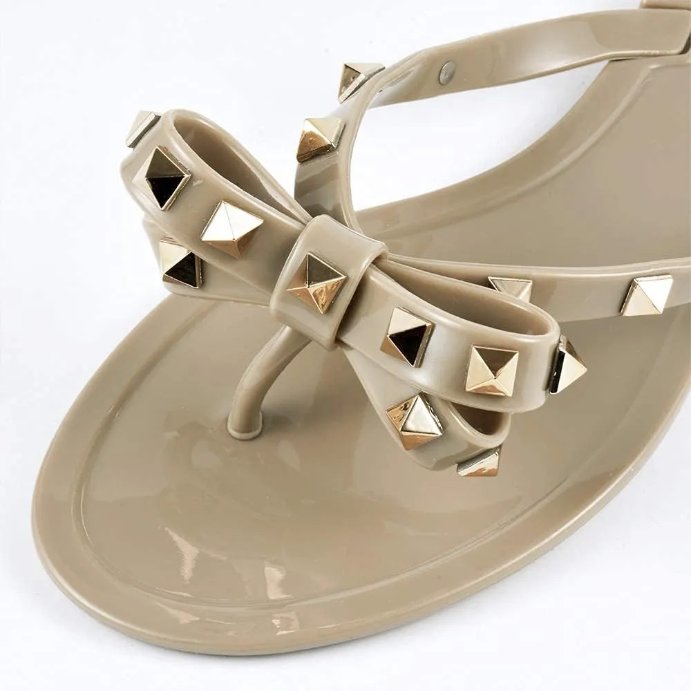 TYFLOVE Women Rivet Flip Flops Studded Jelly Thong Sandals with Bow Summer Bowtie Flat Beach Rain Shoes