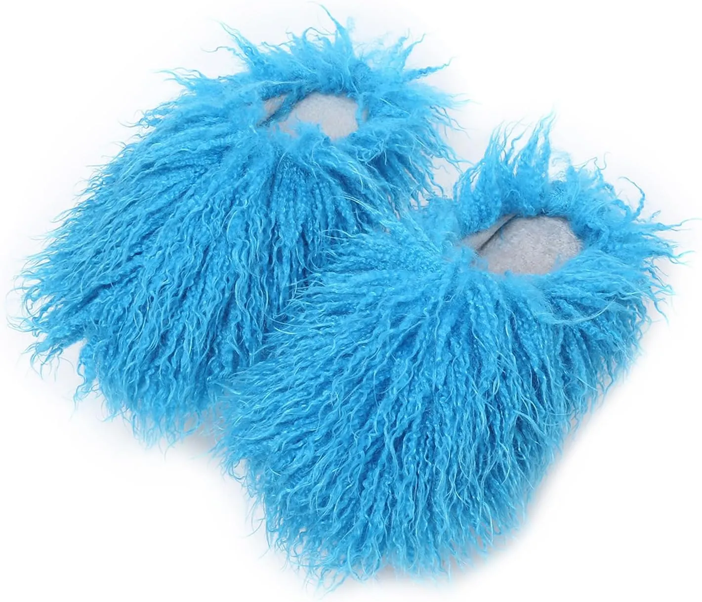 Unisex Fuzzy Faux Fur Slippers, Women's Fluffy Long Hair Sheep Faux Fur Slip on Slides, Girls Luxury Big Fluffy Outdoor Flat Slippers, Long Curly Hair Non-Slip Warm Home Slide Shoes