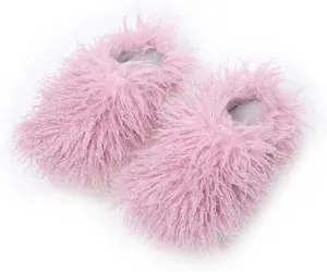 Unisex Fuzzy Faux Fur Slippers, Women's Fluffy Long Hair Sheep Faux Fur Slip on Slides, Girls Luxury Big Fluffy Outdoor Flat Slippers, Long Curly Hair Non-Slip Warm Home Slide Shoes