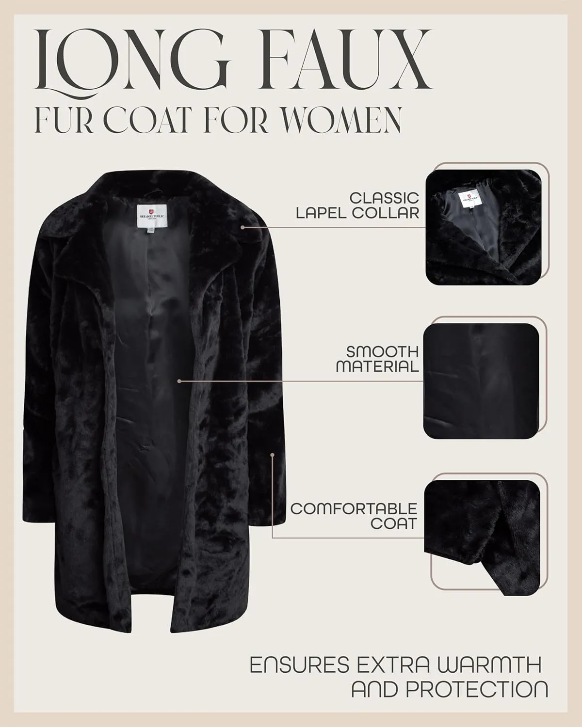 URBAN REPUBLIC Women's Faux Fur Long Coat - Elegant Lapel Collared Long Winter Coat - Stylish Outdoor Coats for Women (S-XL)
