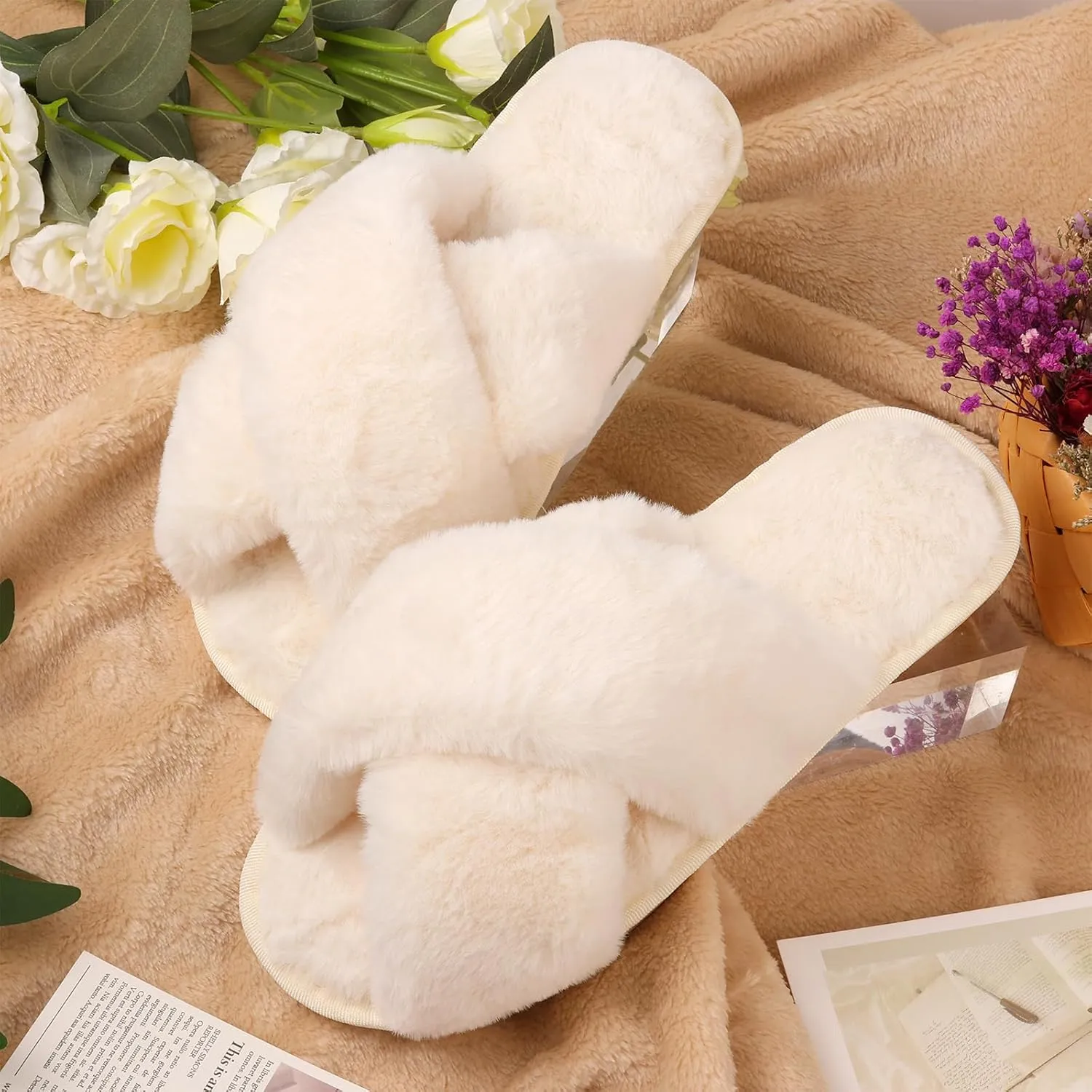 VAIPI 12 Pairs Womens Cross Band Fuzzy Slippers Bulk Plush House Slippers Bridesmaid Bridal Party Slipper White Open Toe Fluffy Slipper