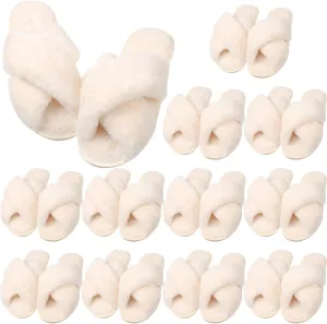 VAIPI 12 Pairs Womens Cross Band Fuzzy Slippers Bulk Plush House Slippers Bridesmaid Bridal Party Slipper White Open Toe Fluffy Slipper