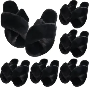 VAIPI 6 Pairs Women's Cross Band Slippers Fuzzy Plush House Slipper Bridesmaid Slippers White|Black Open Toe Fluffy Slippers Soft Warm Bridal Slippers