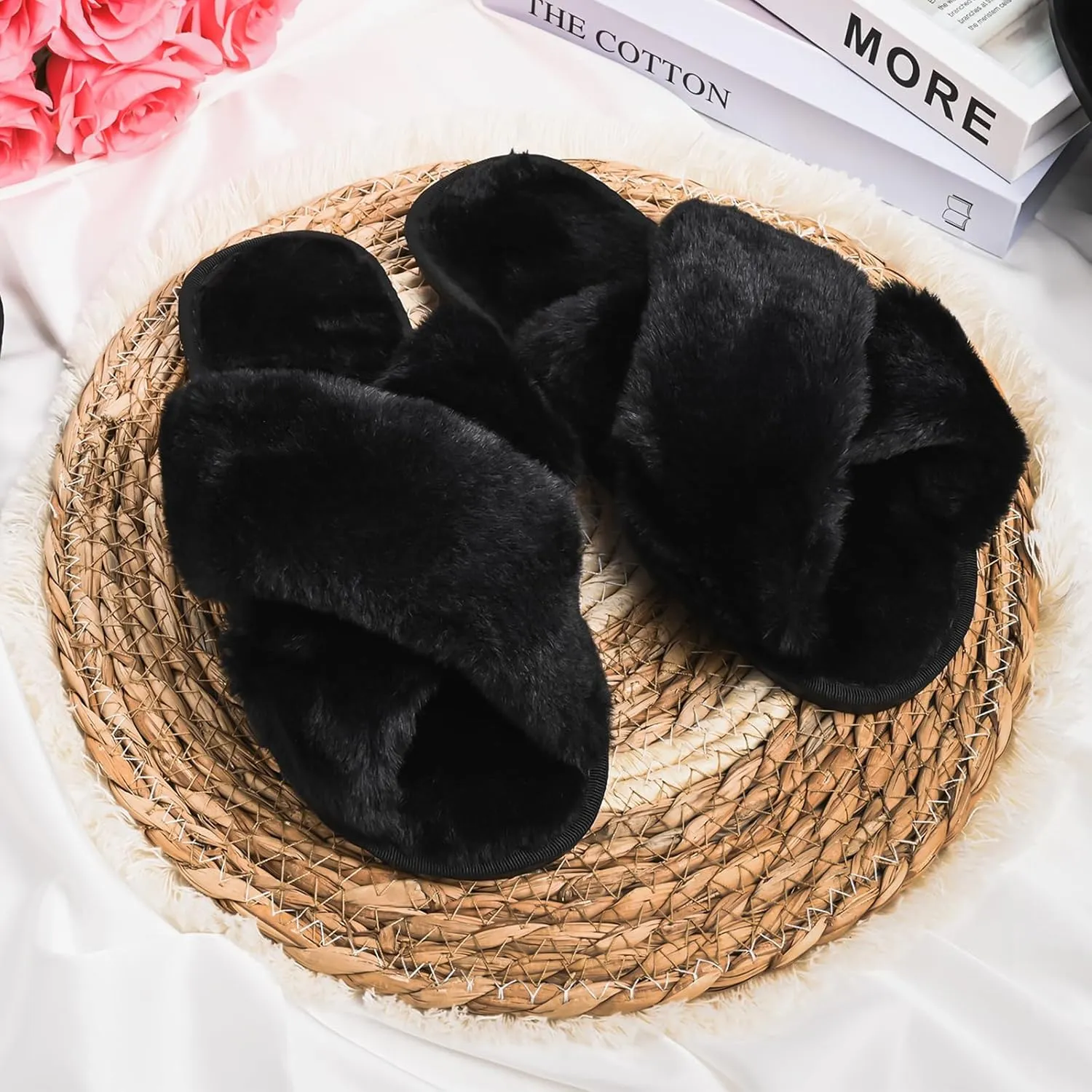 VAIPI 6 Pairs Women's Cross Band Slippers Fuzzy Plush House Slipper Bridesmaid Slippers White|Black Open Toe Fluffy Slippers Soft Warm Bridal Slippers