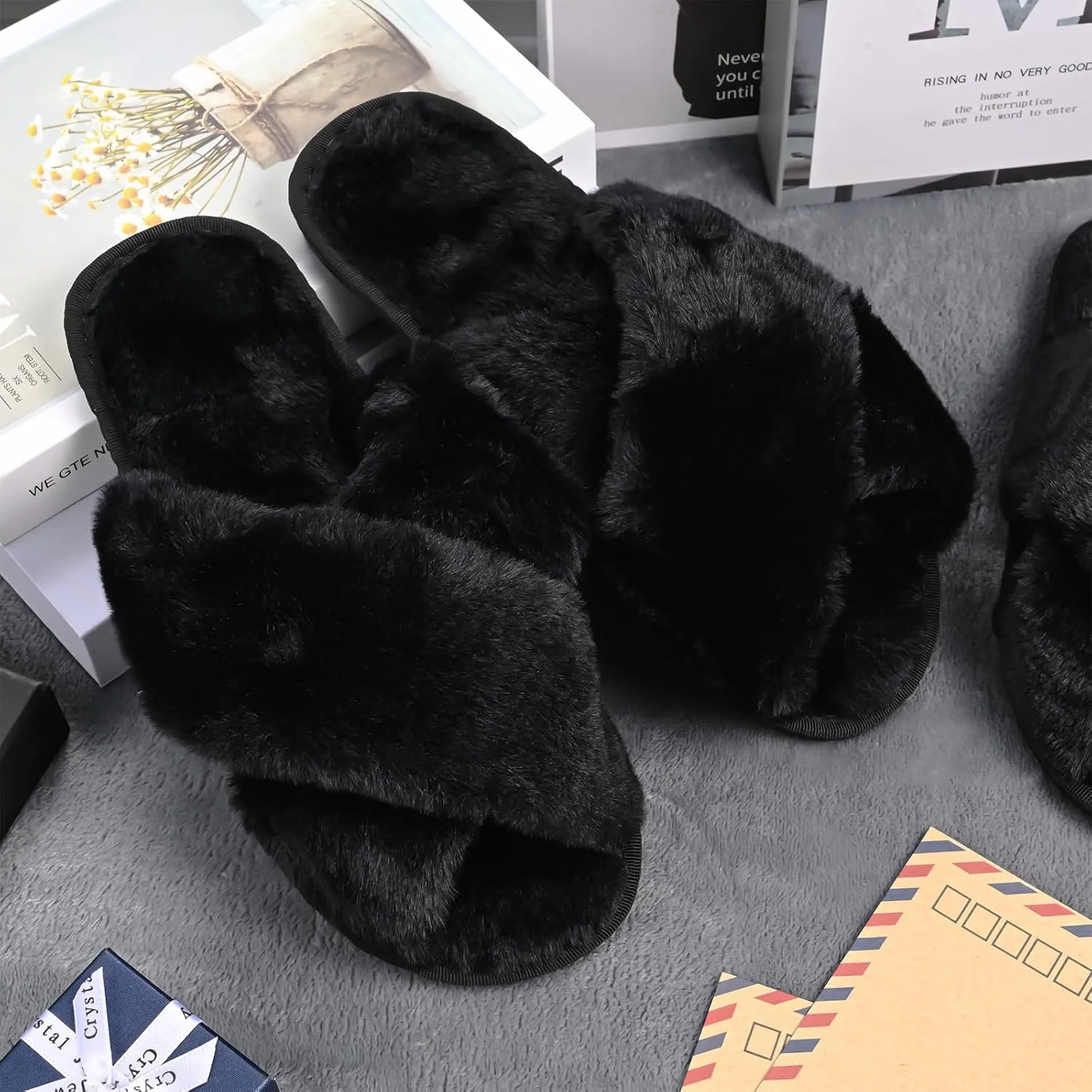 VAIPI 6 Pairs Women's Cross Band Slippers Fuzzy Plush House Slipper Bridesmaid Slippers White|Black Open Toe Fluffy Slippers Soft Warm Bridal Slippers
