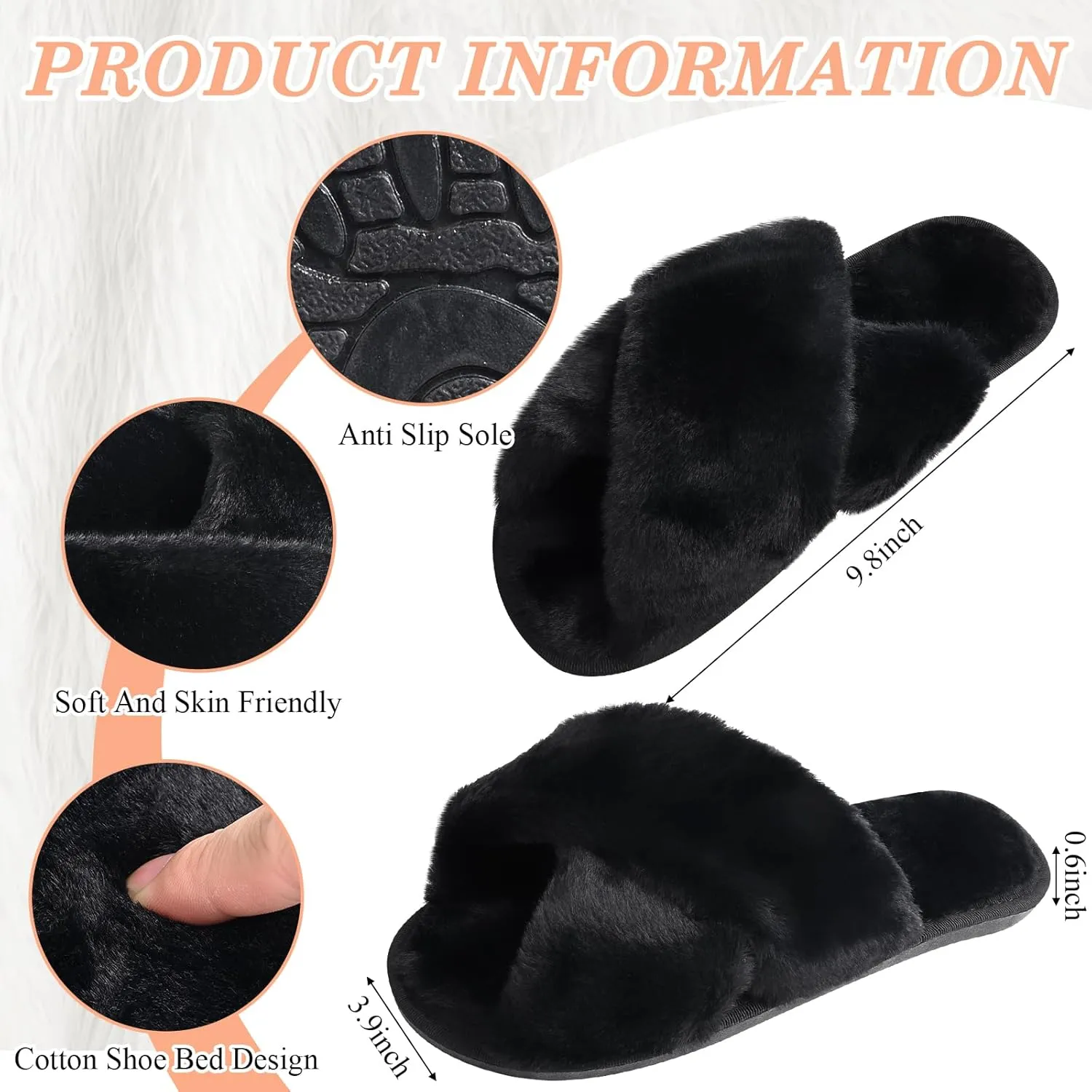 VAIPI 6 Pairs Women's Cross Band Slippers Fuzzy Plush House Slipper Bridesmaid Slippers White|Black Open Toe Fluffy Slippers Soft Warm Bridal Slippers