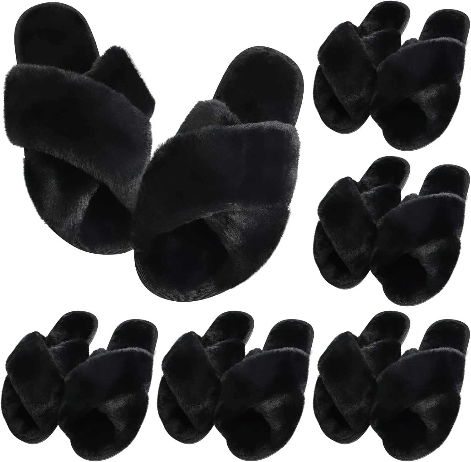 VAIPI 6 Pairs Women's Cross Band Slippers Fuzzy Plush House Slipper Bridesmaid Slippers White|Black Open Toe Fluffy Slippers Soft Warm Bridal Slippers