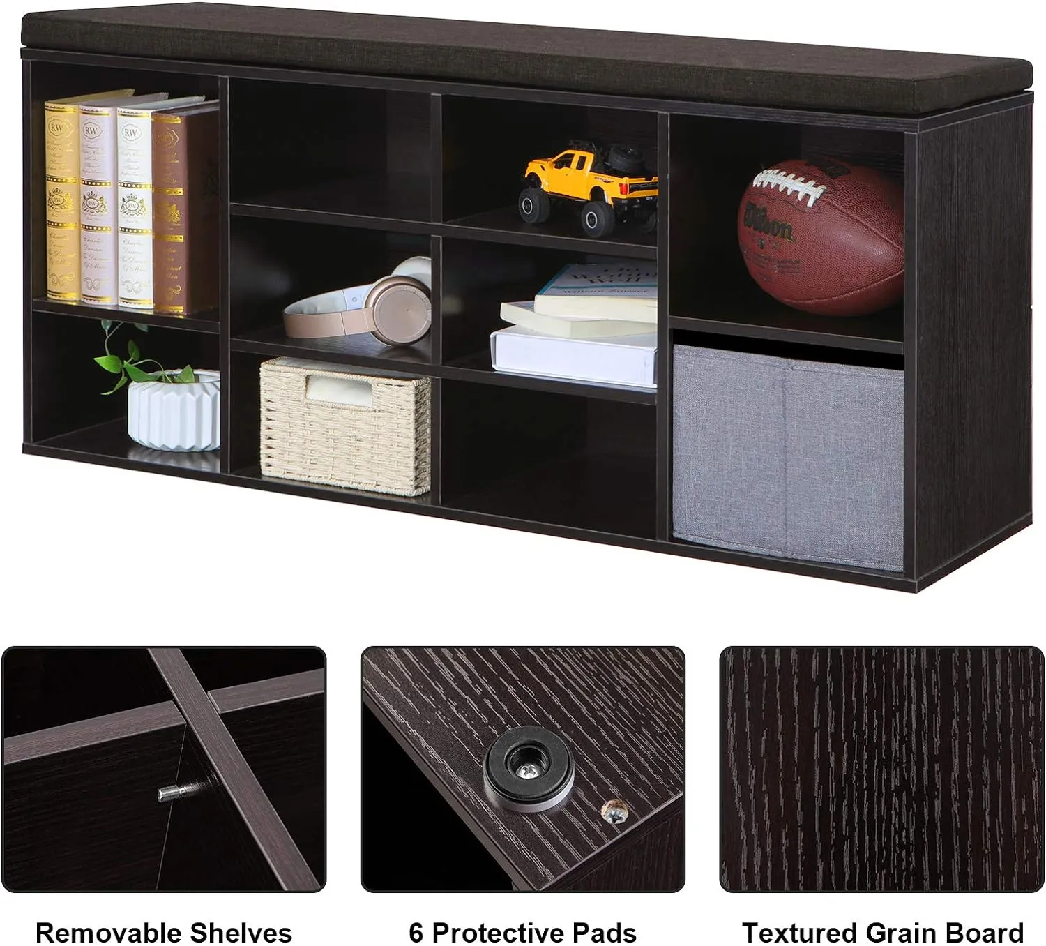 VASAGLE Shoe Bench with Cushion, Storage Bench with Padded Seat, Entryway Bench with 10 Compartments, for Bedroom, 11.8 x 40.9 x 18.9 Inches, Espresso Brown and Chestnut Brown ULHS10BR