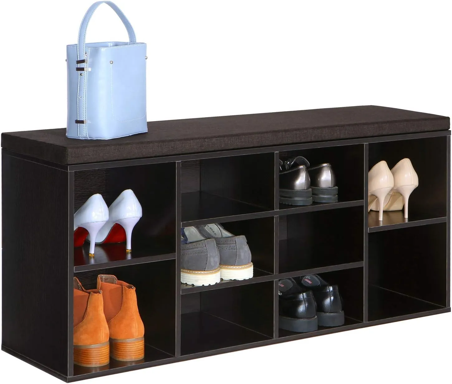 VASAGLE Shoe Bench with Cushion, Storage Bench with Padded Seat, Entryway Bench with 10 Compartments, for Bedroom, 11.8 x 40.9 x 18.9 Inches, Espresso Brown and Chestnut Brown ULHS10BR