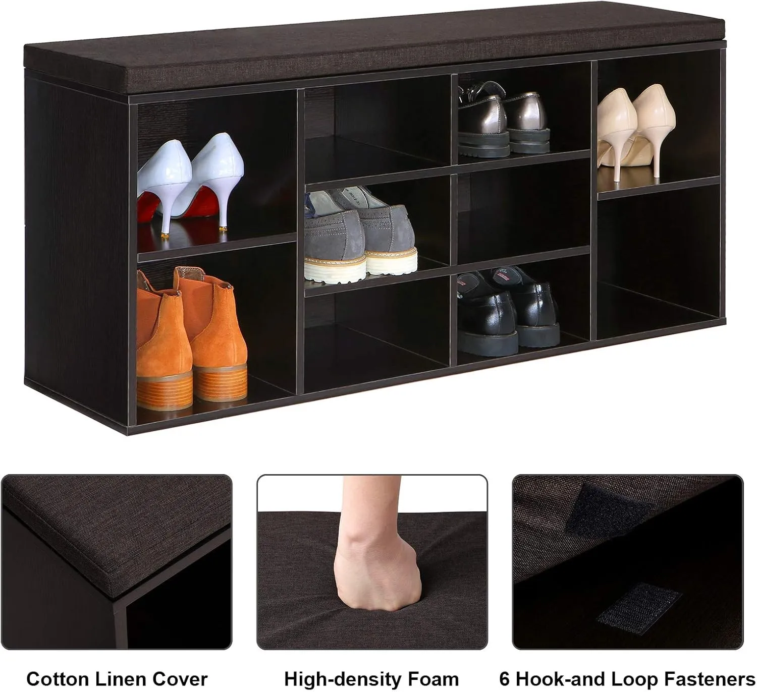 VASAGLE Shoe Bench with Cushion, Storage Bench with Padded Seat, Entryway Bench with 10 Compartments, for Bedroom, 11.8 x 40.9 x 18.9 Inches, Espresso Brown and Chestnut Brown ULHS10BR