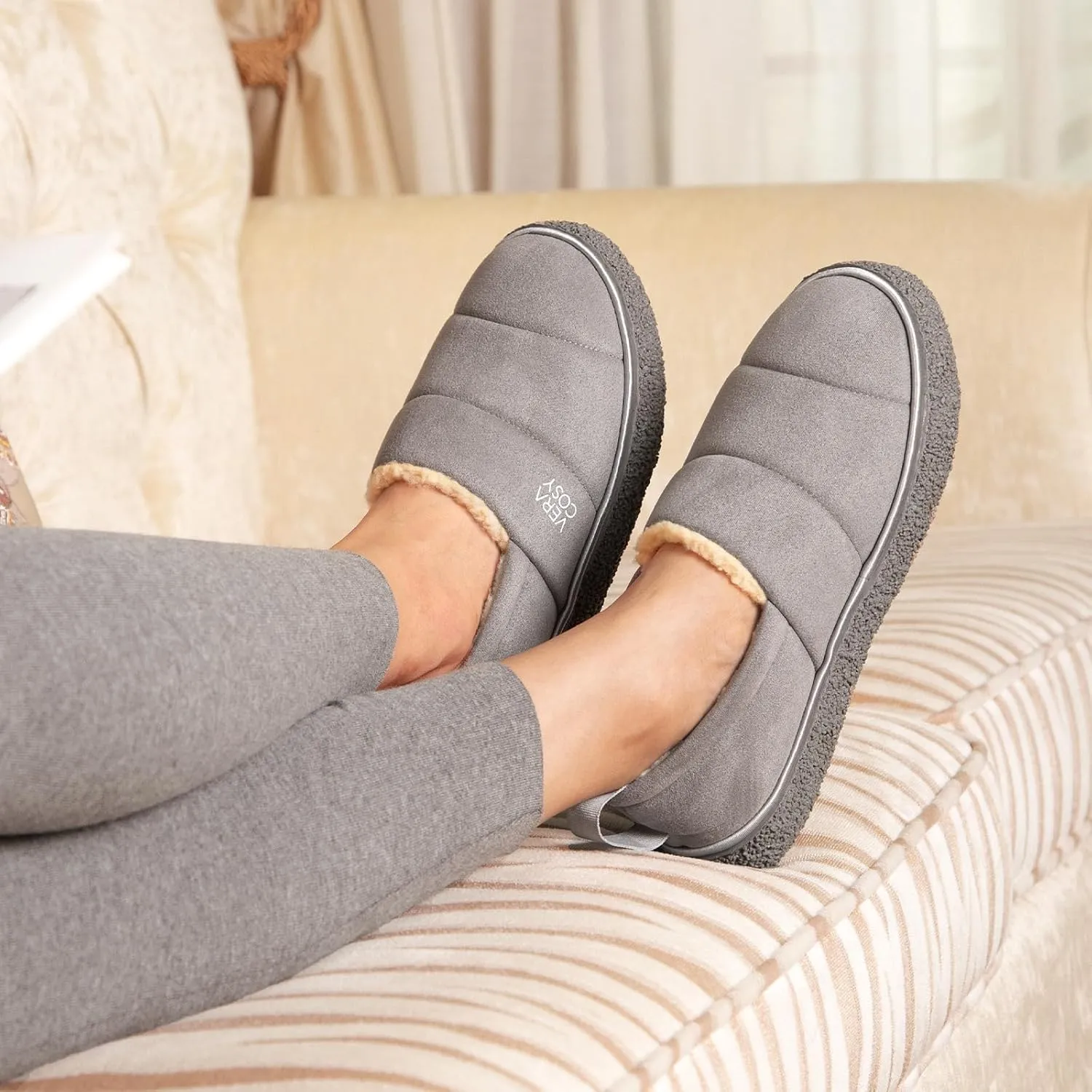 VeraCosy Women's Quilted Closed-back Slippers Technical Fabrics Warm Soft Comfy Non-slip Memory Foam Indoor House Shoes
