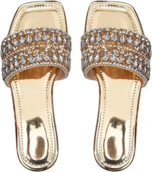 Verdusa Women's Metallic Rhinestone Sandals Square Toe Slip on Leather Slippers