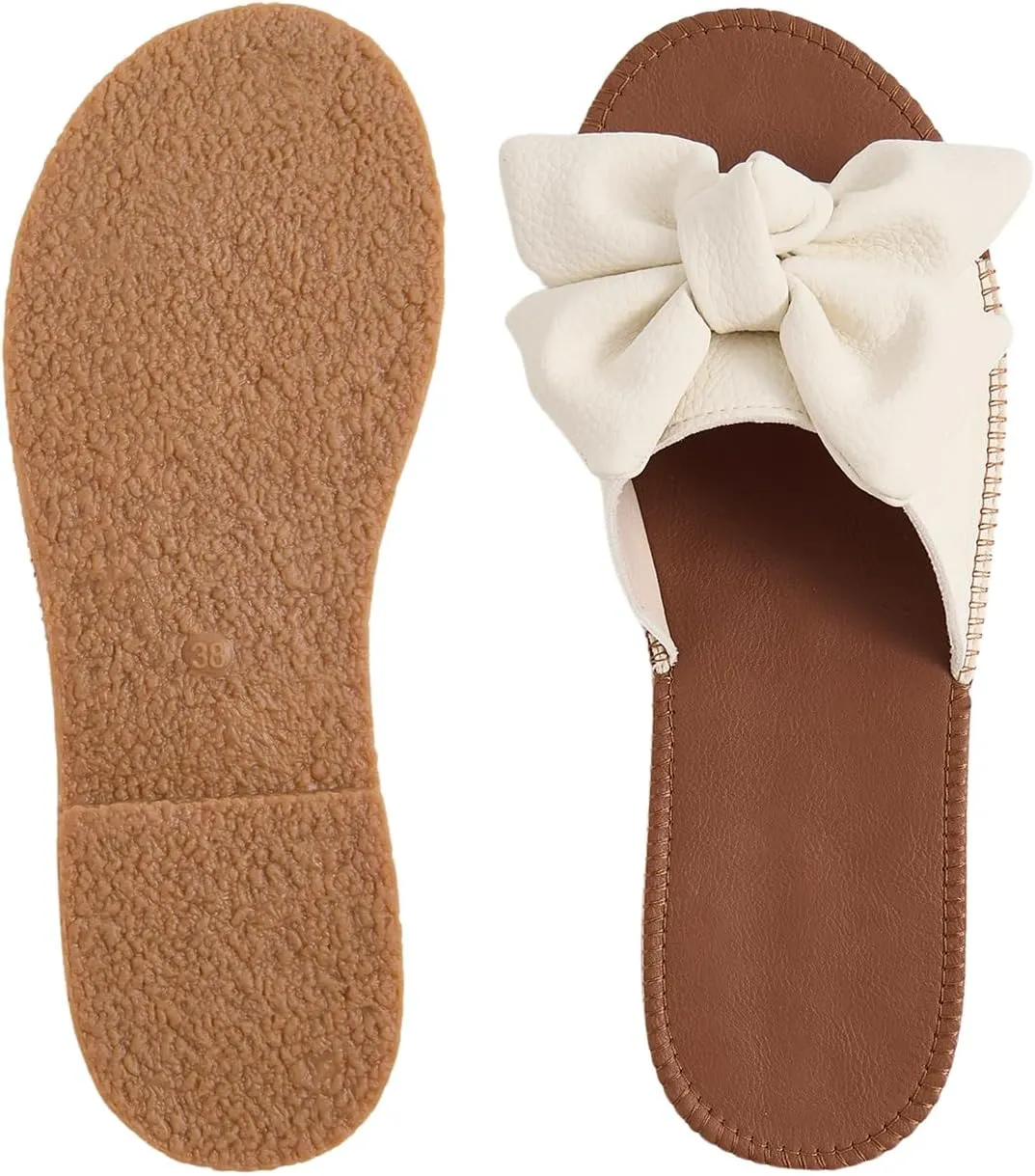 Verdusa Women's Open Toe Flat Sandals Bow Knot Slides Leather Summer Slippers
