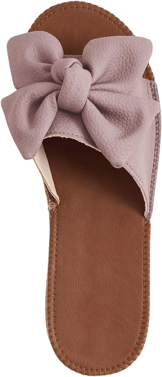 Verdusa Women's Open Toe Flat Sandals Bow Knot Slides Leather Summer Slippers