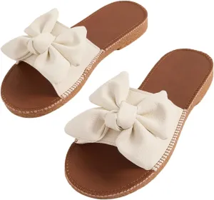 Verdusa Women's Open Toe Flat Sandals Bow Knot Slides Leather Summer Slippers