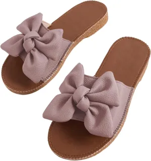 Verdusa Women's Open Toe Flat Sandals Bow Knot Slides Leather Summer Slippers