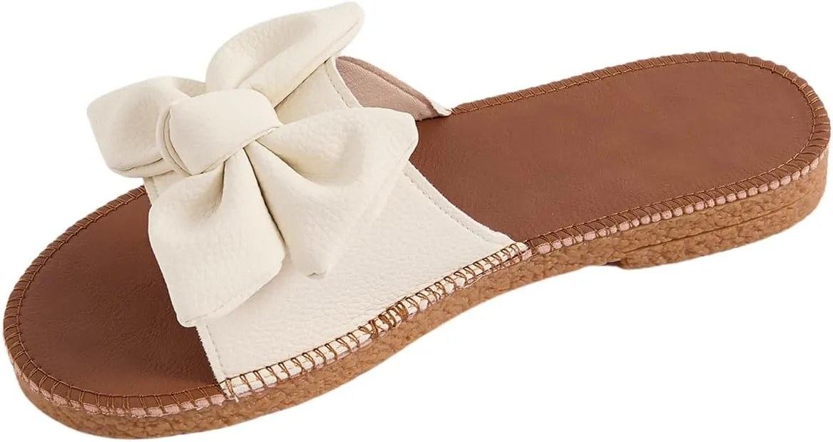 Verdusa Women's Open Toe Flat Sandals Bow Knot Slides Leather Summer Slippers