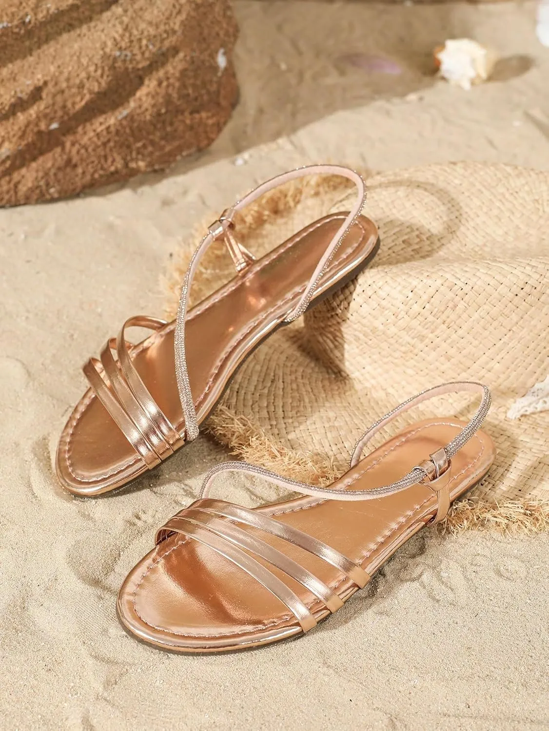 Verdusa Women's Rhinestone Sparkly Metallic Strappy Flat Sandals Open Toe Sides