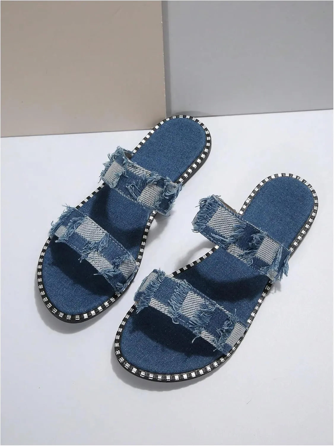 Verdusa Women's Two Band Denim Slide Sandals Open Toe Slip On Flat Sandals