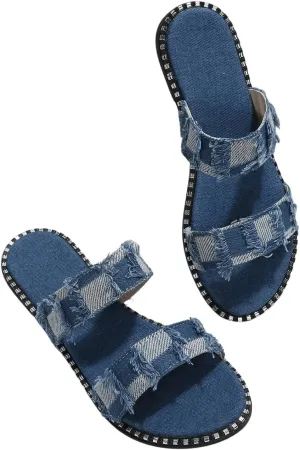 Verdusa Women's Two Band Denim Slide Sandals Open Toe Slip On Flat Sandals