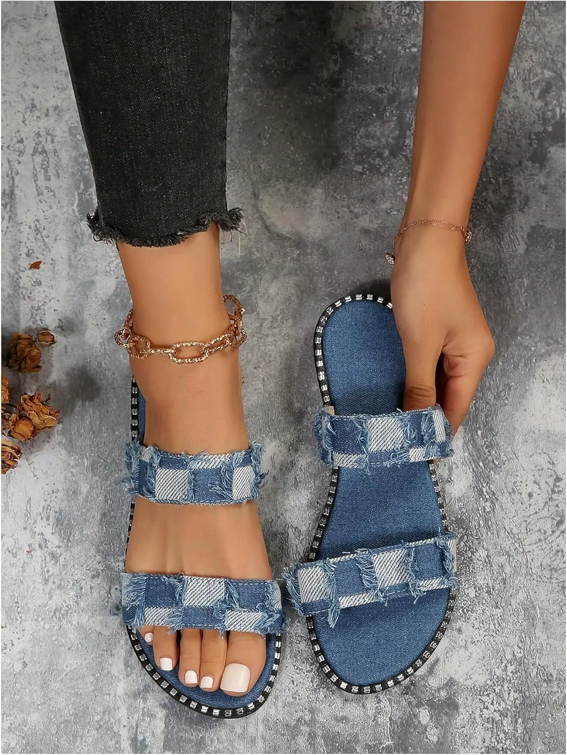 Verdusa Women's Two Band Denim Slide Sandals Open Toe Slip On Flat Sandals
