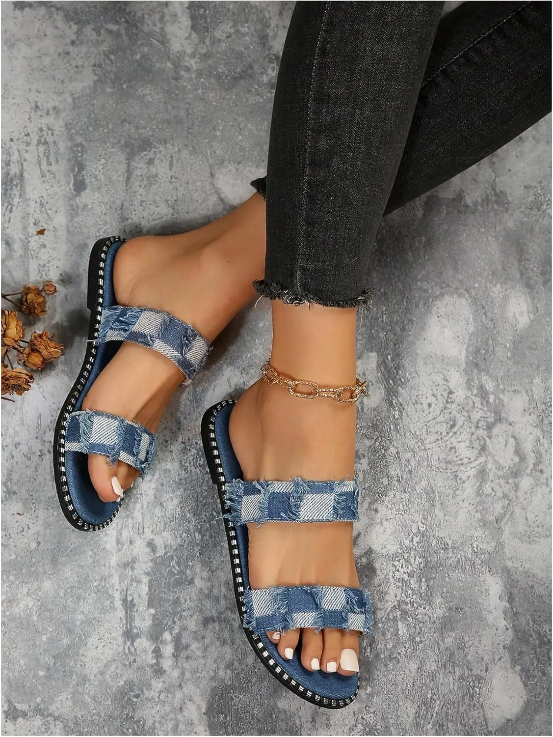 Verdusa Women's Two Band Denim Slide Sandals Open Toe Slip On Flat Sandals