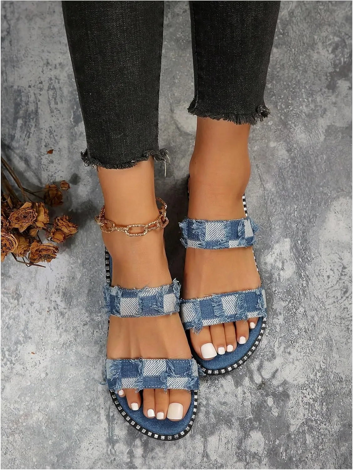 Verdusa Women's Two Band Denim Slide Sandals Open Toe Slip On Flat Sandals