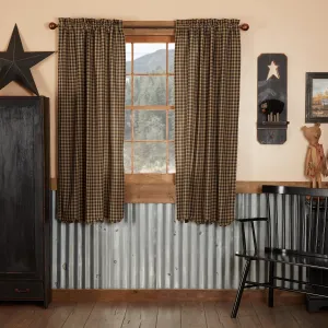 VHC Brands Black Check Scalloped Short Panel Set of 2 63x36 Country Curtains, Black and Tan