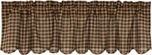 VHC Brands Black Check Scalloped Valance 16x60 Country Curtain, Black and Tan