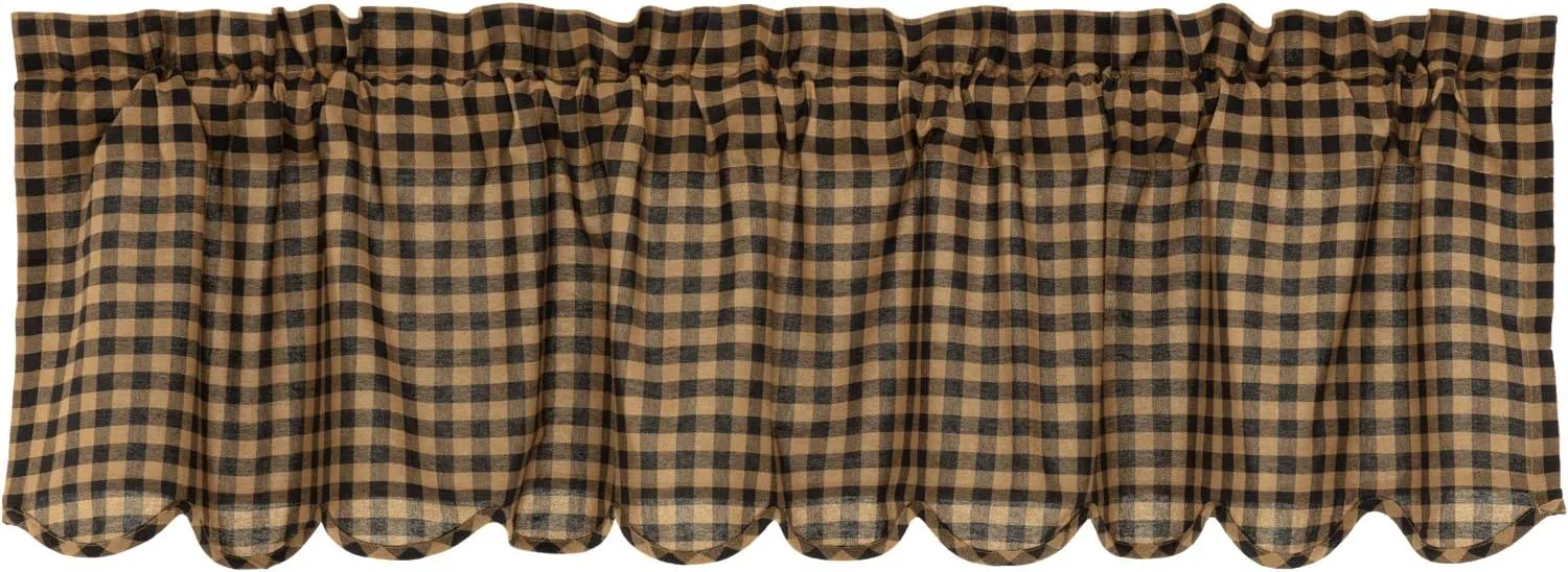 VHC Brands Black Check Scalloped Valance 16x60 Country Curtain, Black and Tan