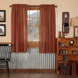 VHC Brands Check Cotton Primitive Curtains Rod Pocket Tie Back(s) Panel Pair, Burgundy Red