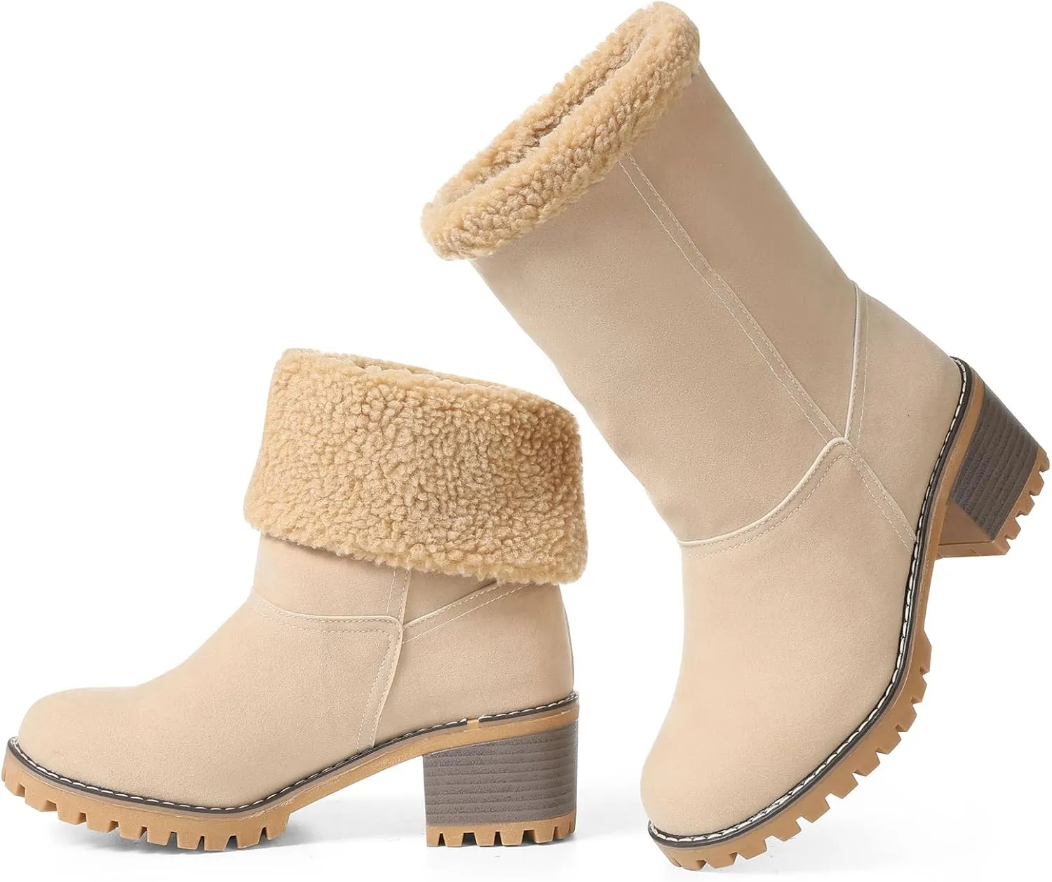 VIMISAOI Winter Boots for Women, Comfortable Slip On Mid Chunky Heel Suede Warm Snow Ankle Boots Outdoor Shoes