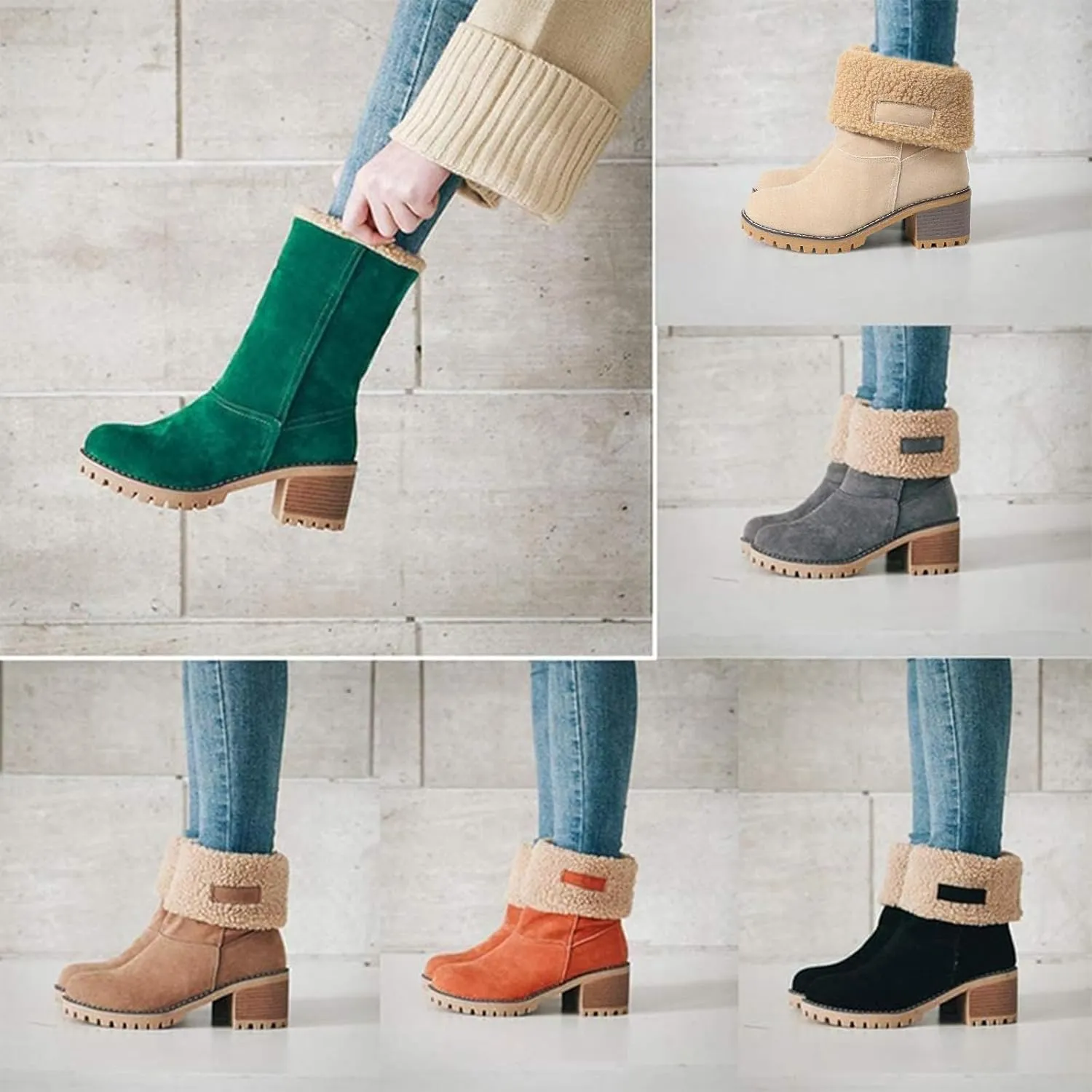 VIMISAOI Winter Boots for Women, Comfortable Slip On Mid Chunky Heel Suede Warm Snow Ankle Boots Outdoor Shoes