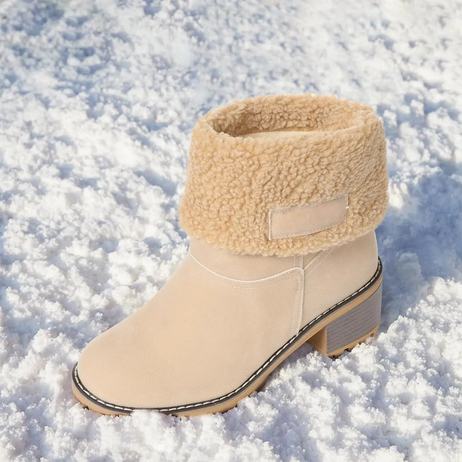VIMISAOI Winter Boots for Women, Comfortable Slip On Mid Chunky Heel Suede Warm Snow Ankle Boots Outdoor Shoes