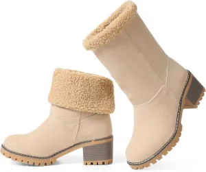 VIMISAOI Winter Boots for Women, Comfortable Slip On Mid Chunky Heel Suede Warm Snow Ankle Boots Outdoor Shoes