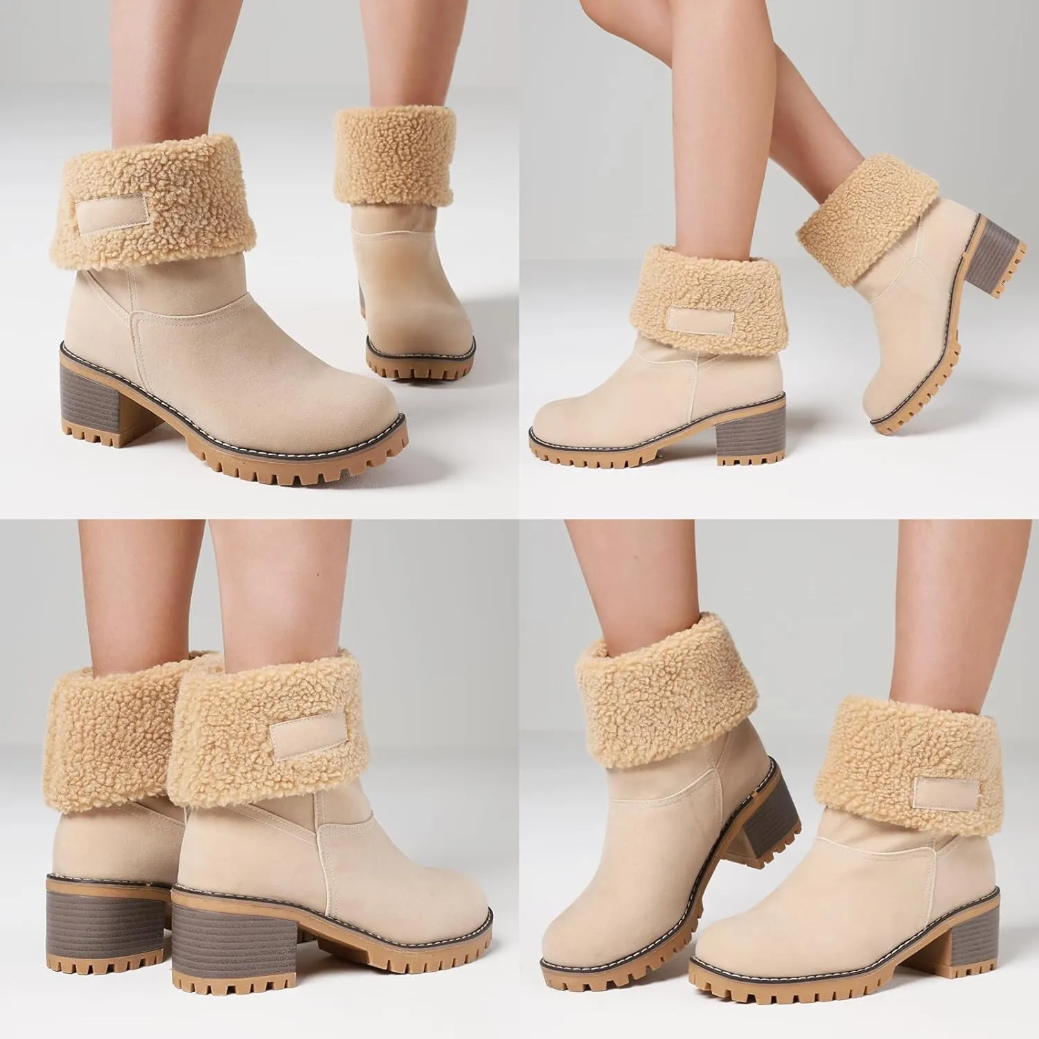 VIMISAOI Winter Boots for Women, Comfortable Slip On Mid Chunky Heel Suede Warm Snow Ankle Boots Outdoor Shoes