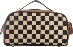 Vintage Makeup Bag for Women Portable Retro Checkered Pattern Cosmetic Organizer Patchwork Style Pillow Storage Pouch Skincare Storage Bag Large Capacity Elegant Handheld Waterproof Handbag (Brown-L)