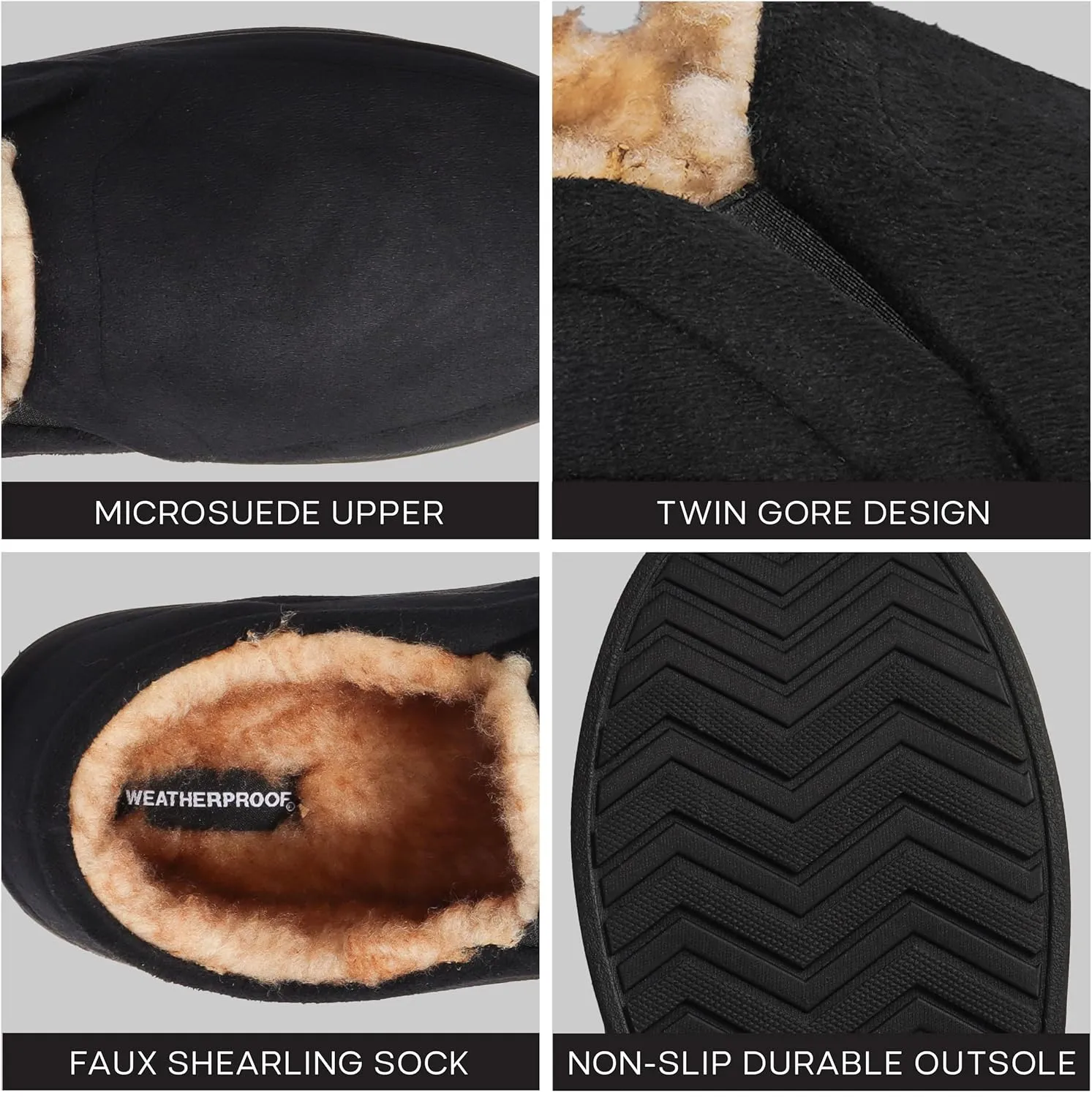 Weatherproof Microsuede House Shoes for Men, Twin Gore Slip-On Design, Indoor Outdoor Slippers with Faux Fur Lining and Non-Slip Rubber Sole