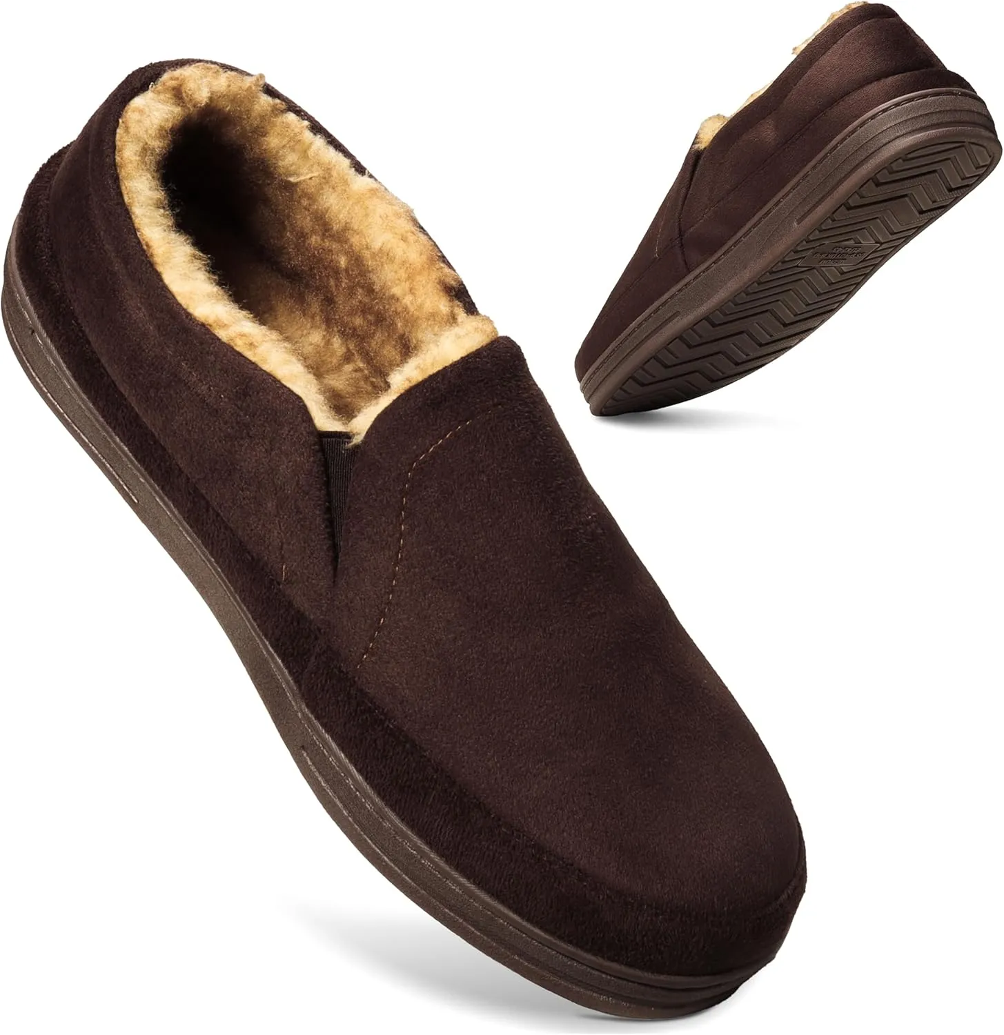 Weatherproof Microsuede House Shoes for Men, Twin Gore Slip-On Design, Indoor Outdoor Slippers with Faux Fur Lining and Non-Slip Rubber Sole