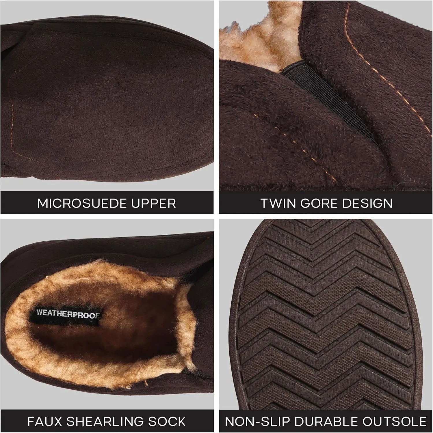 Weatherproof Microsuede House Shoes for Men, Twin Gore Slip-On Design, Indoor Outdoor Slippers with Faux Fur Lining and Non-Slip Rubber Sole