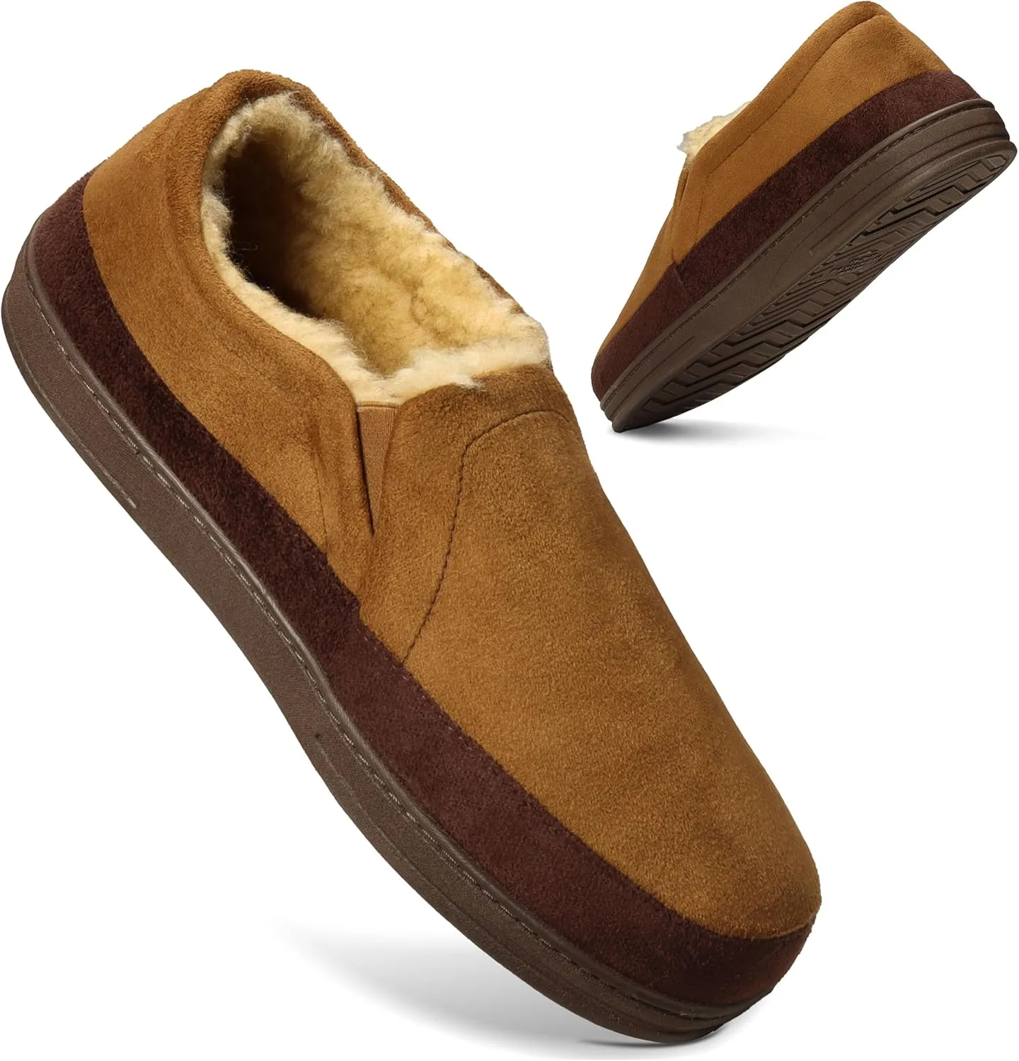 Weatherproof Microsuede House Shoes for Men, Twin Gore Slip-On Design, Indoor Outdoor Slippers with Faux Fur Lining and Non-Slip Rubber Sole